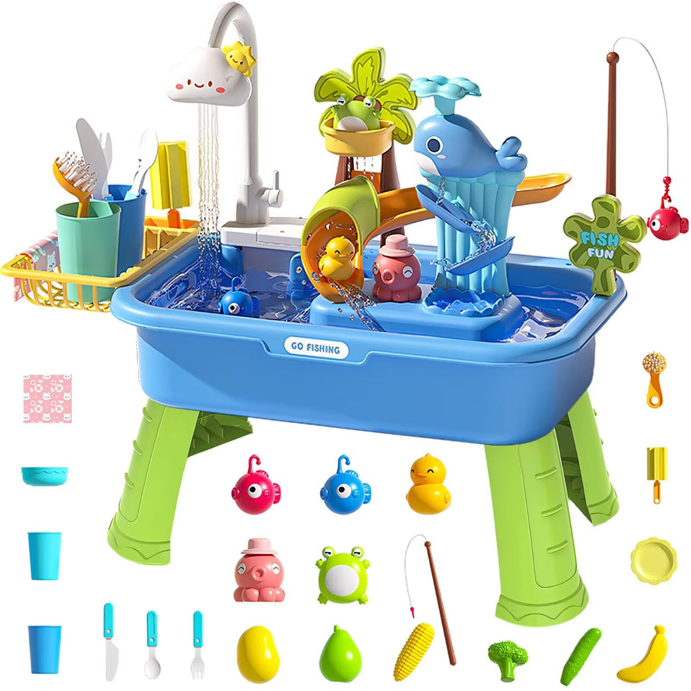 Kirntcoy Water Table for Toddlers blue side view supports sensory play and pretend washing.