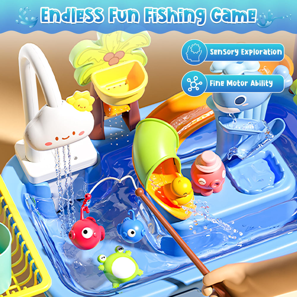 Kirntcoy blue table accessories enable vegetable washing and dish pretend play.
