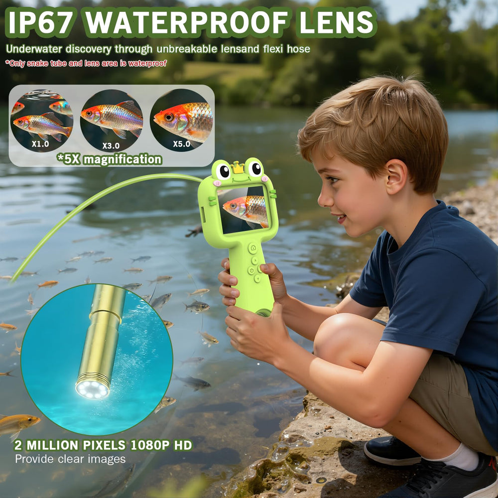 Kiscamgear kids exploring outdoors with endoscope for nature discoveries.