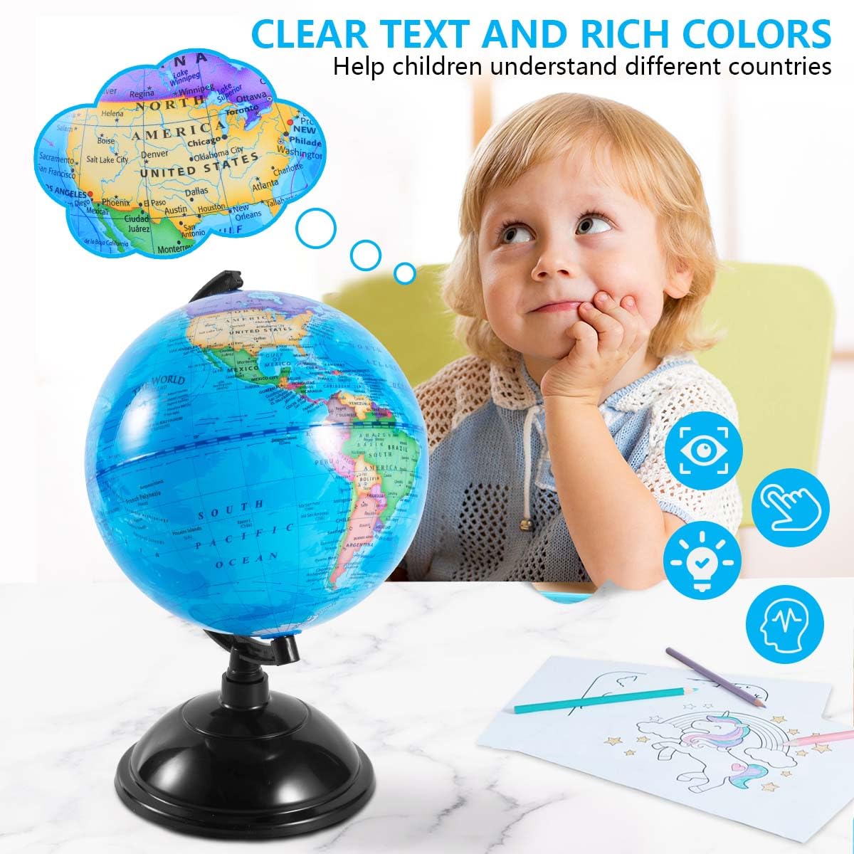 KISEER detailed world-map globe shows continents and oceans for geography exploration.