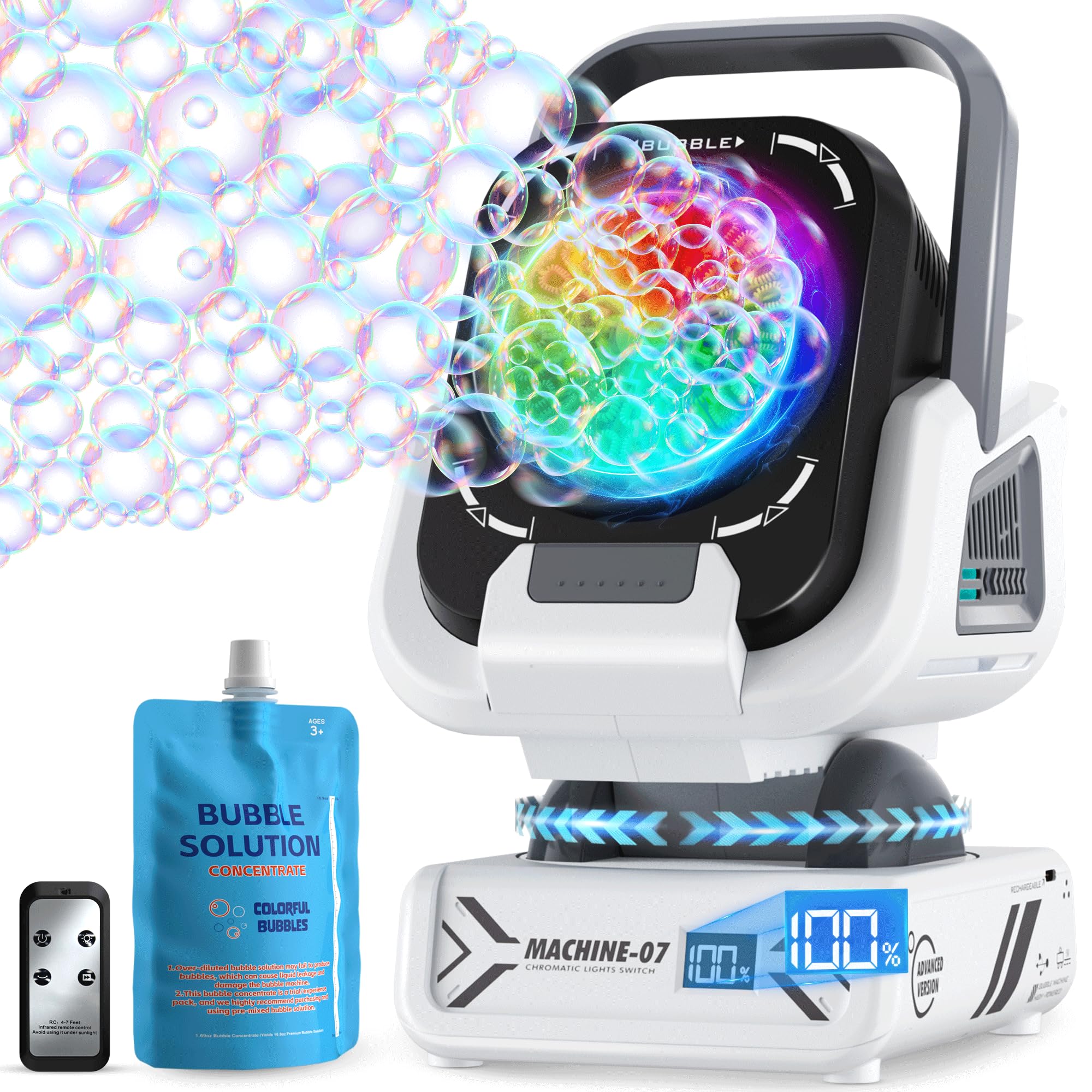 Kiskey bubble machine front view, compact and portable for indoor or outdoor fun.