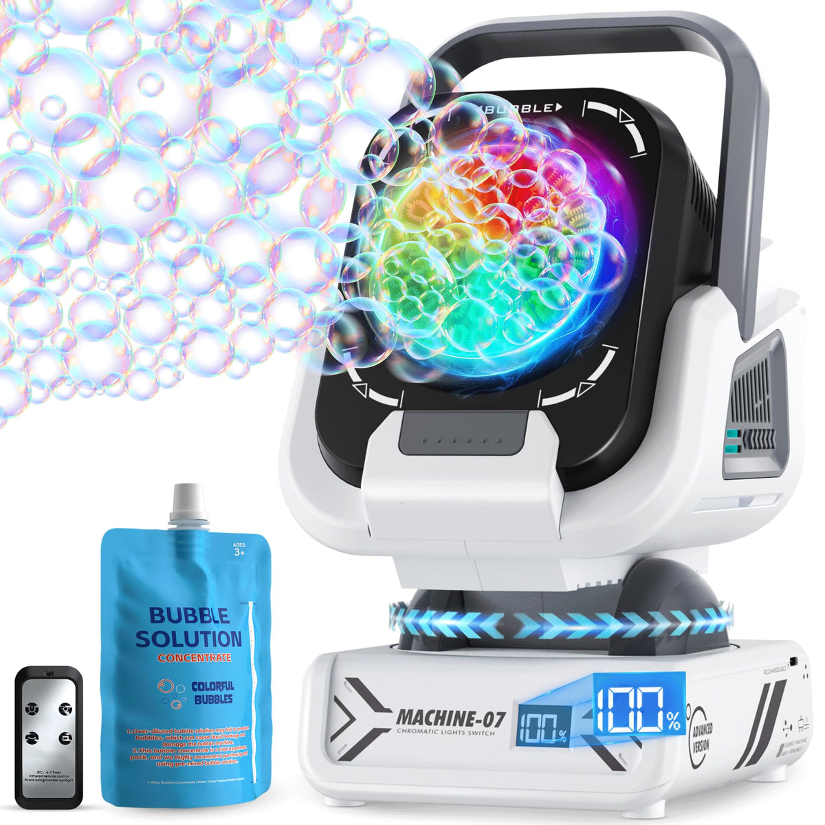 Kiskey bubble machine front view, compact and portable for indoor or outdoor fun.