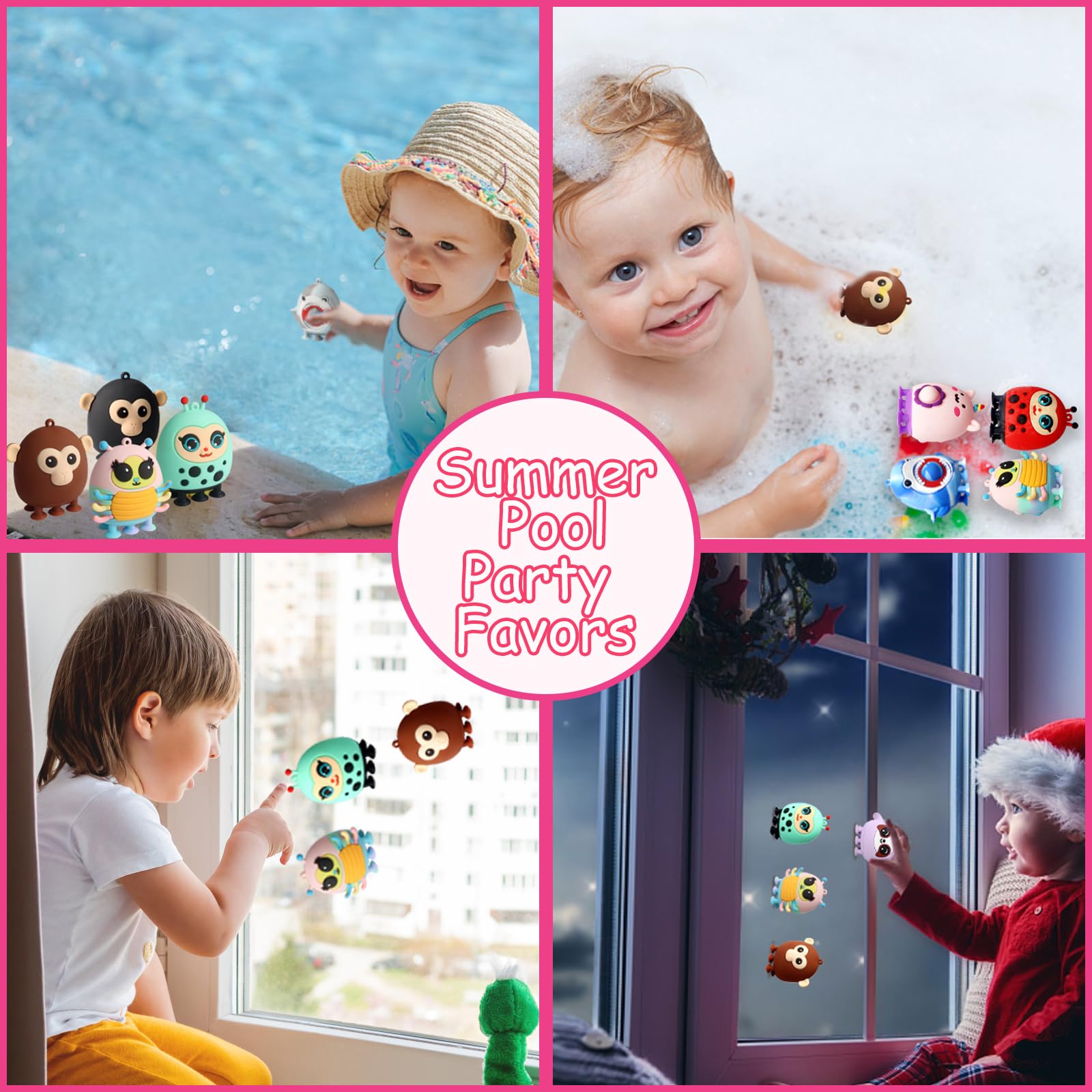 KissFree colorful animal suction cups on glass surface, great for bath and windows.