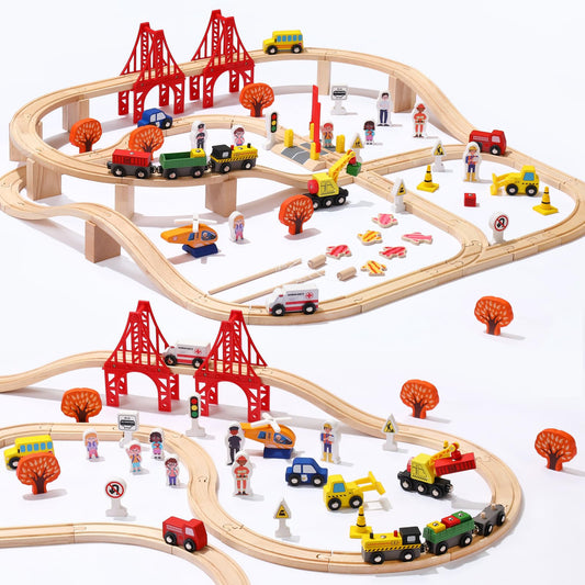 KiToyWod 100 Pcs wooden train track set ready for imaginative play and cooperative building.