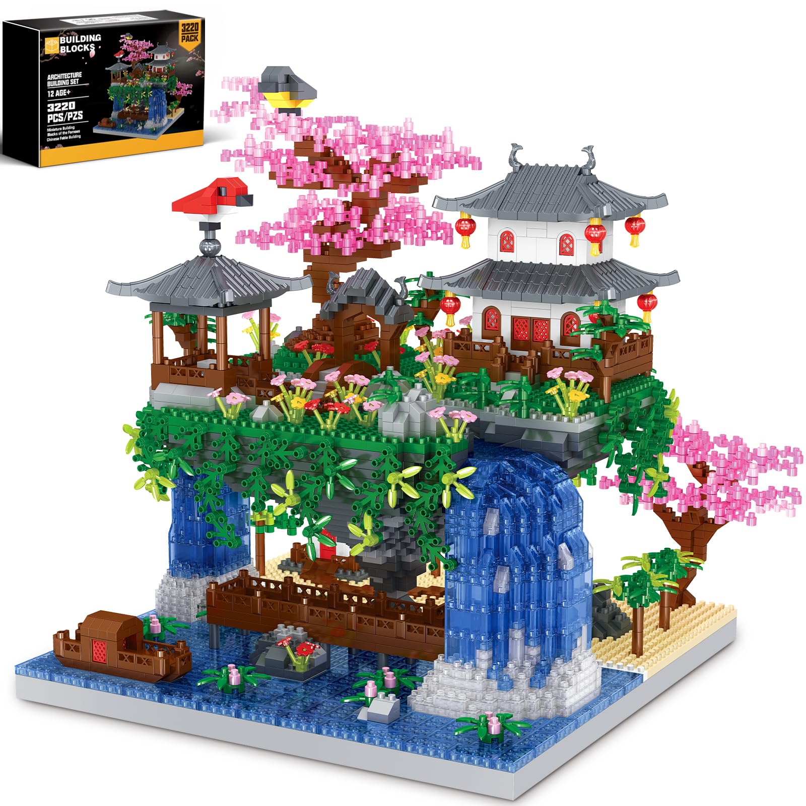 Kitoyz cherry bonsai tree building set with waterfall display for a wow-worthy décor