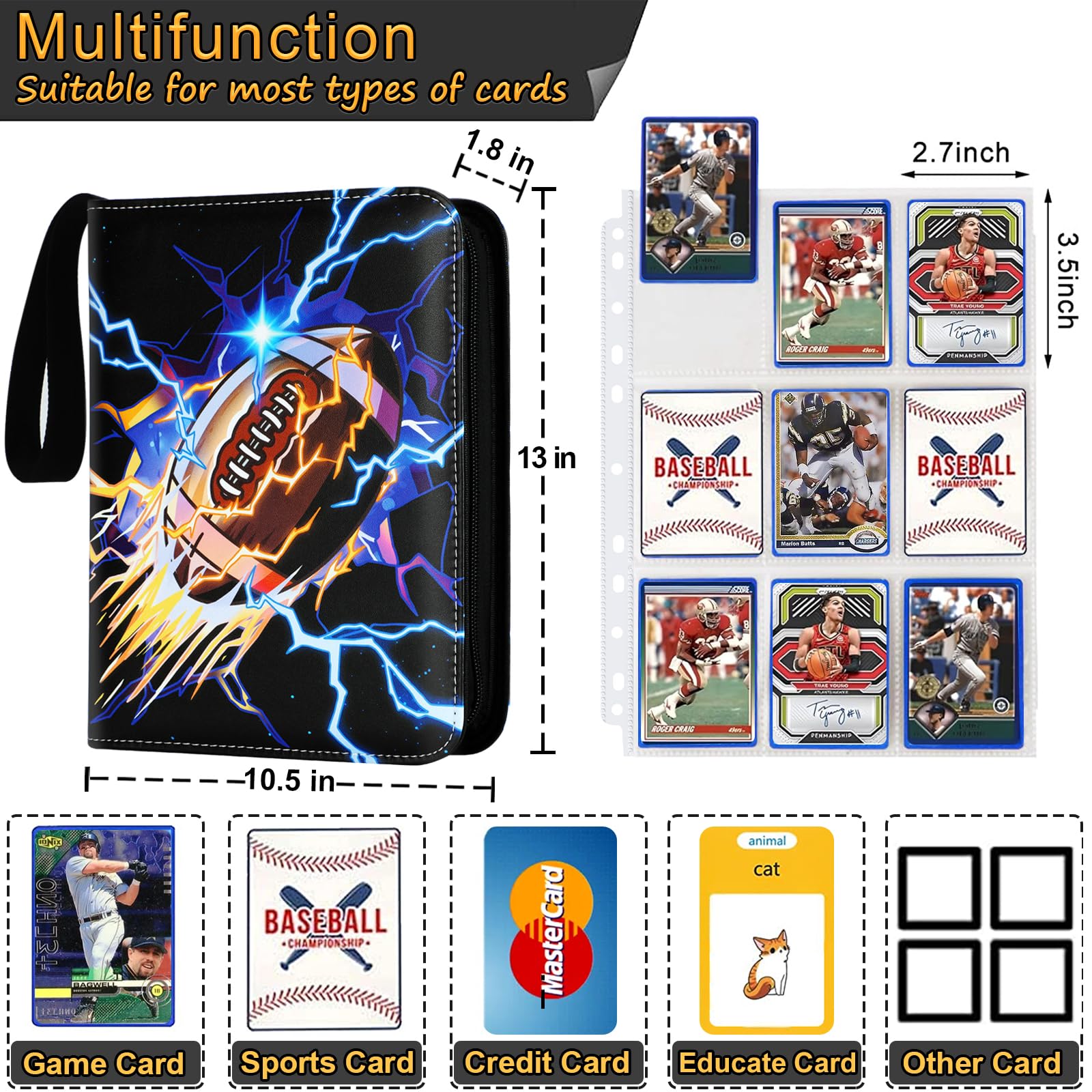 Kivxizi football card binder open-inside shows 9-pocket pages for organization.