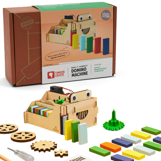 KiwiCo Domino Machine assembly boosts problem-solving with a hands-on STEM build.