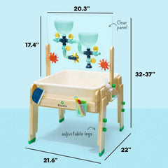 KiwiCo water and sand sensory table sensory-bin demonstrates dump and scoop play for fine motor skills.