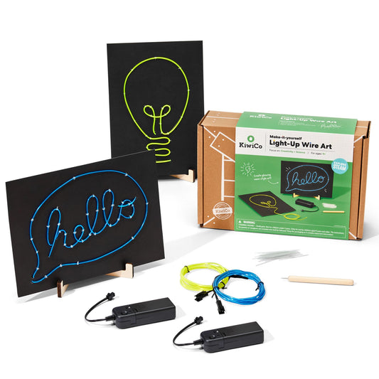 KiwiCo Light-Up Wire Art Kit showing EL wire for glowing signs