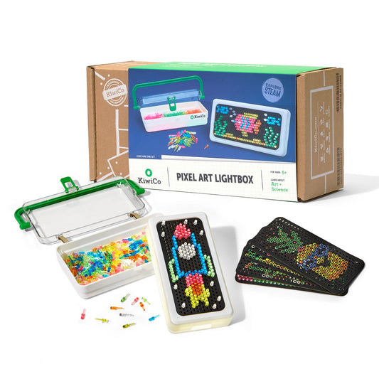 KiwiCo Pixel Art Kit glowing-pixels activity lights up with luminous color for kids