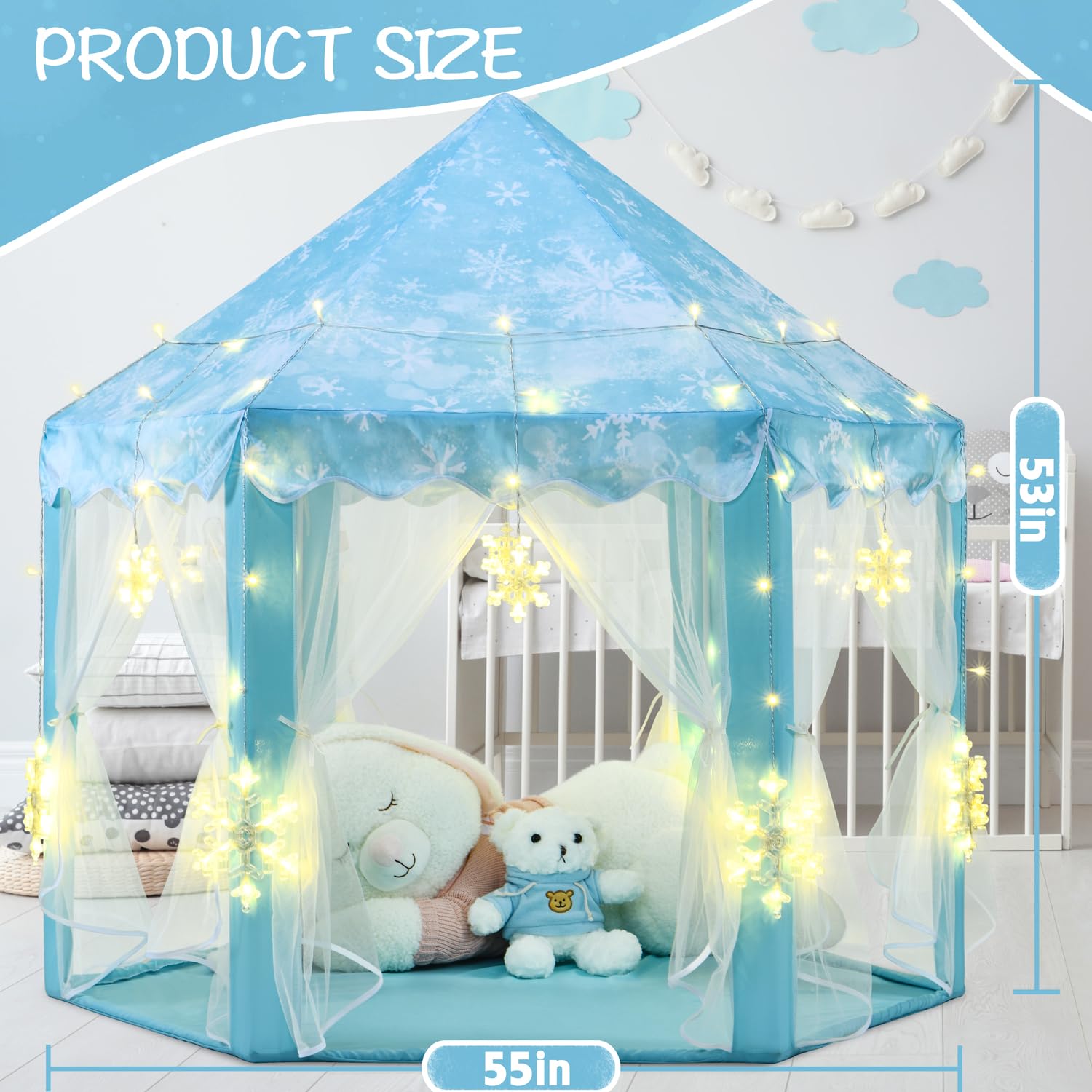 Dimensions of the KIXINWA tent are 55 by 53 inches for roomy use.