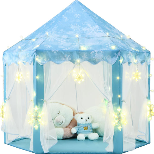 KIXINWA Frozen Princess Tent front view with LED snowflakes, cozy play space for kids.