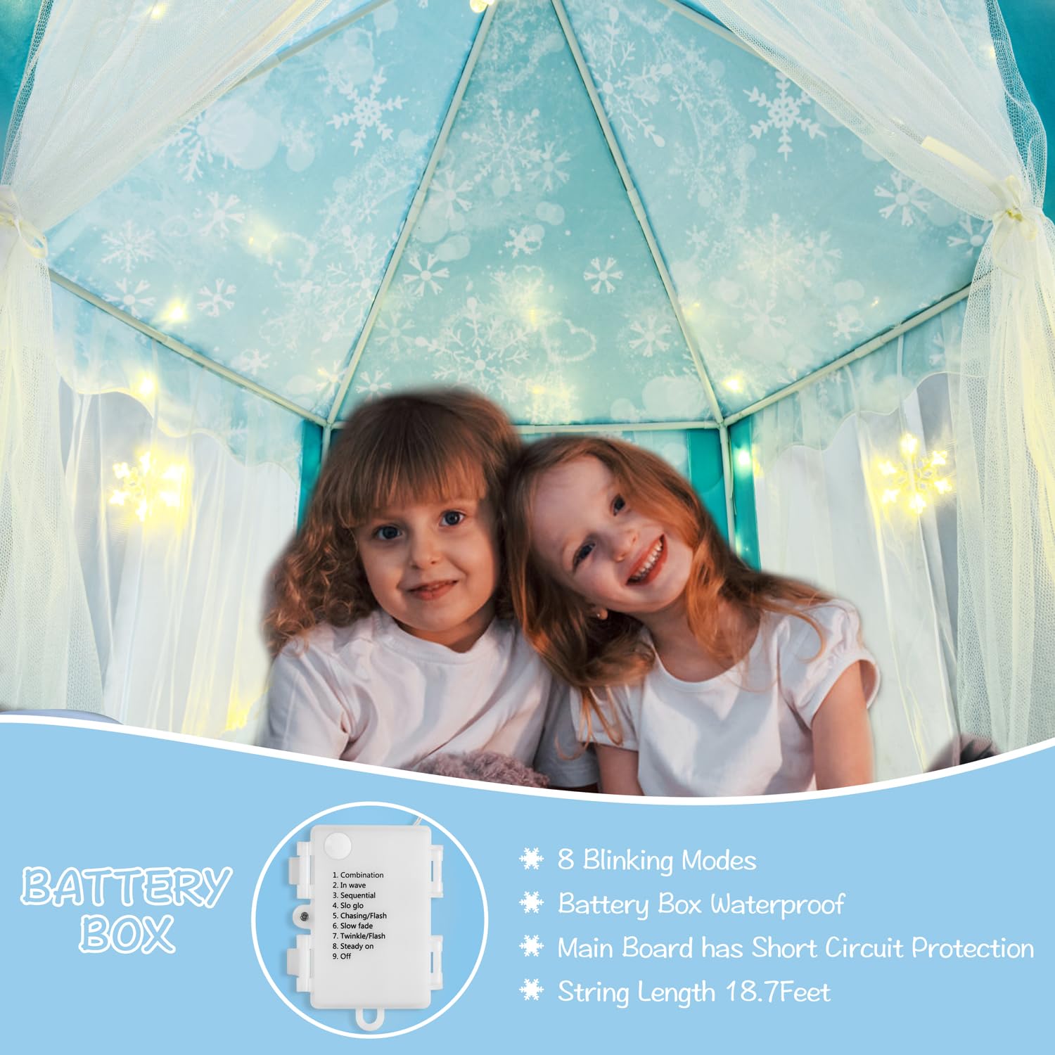 LED snowflake lights illuminate the tent interior for pretend play ambience.