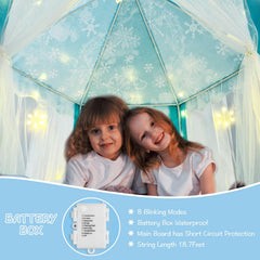 LED snowflake lights illuminate the tent interior for pretend play ambience.