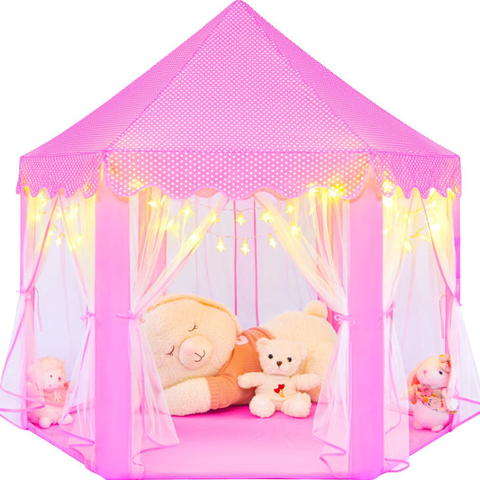 KIXINWA pink princess tent with LED stars enhances imaginative play for kids.