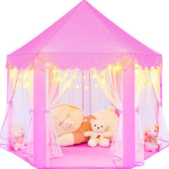 KIXINWA pink princess tent with LED stars enhances imaginative play for kids.