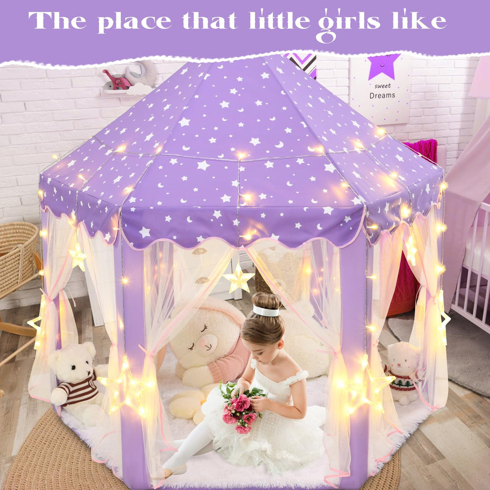 KIXINWA purple princess tent interior space encourages reading and quiet time.