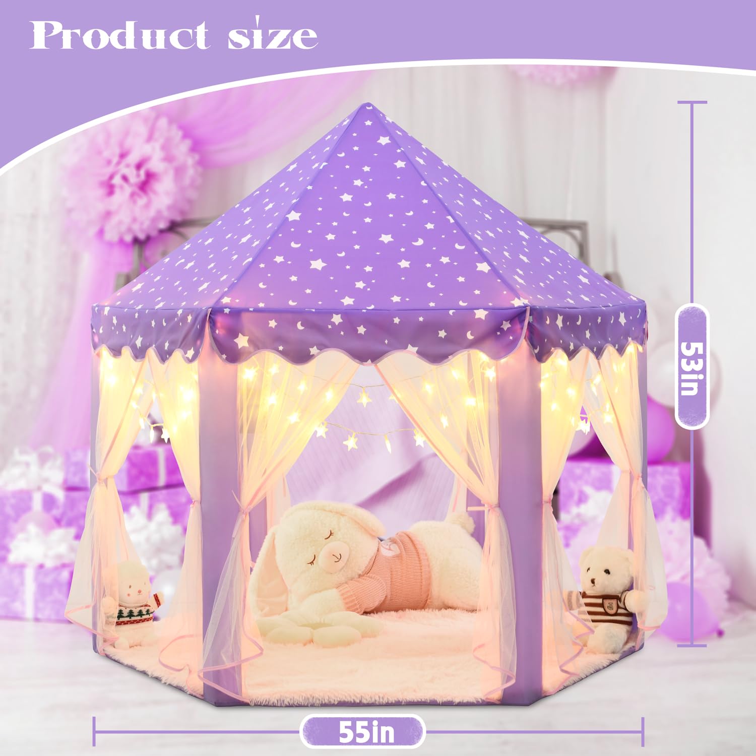 KIXINWA Purple Princess Tent interior with kids playing inside