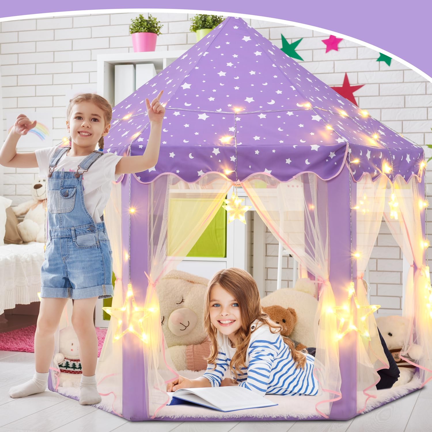 KIXINWA purple princess tent with LED star lights adds magical ambience.