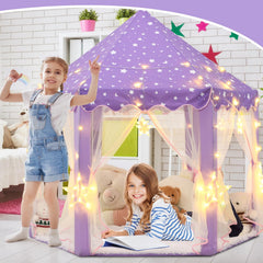 KIXINWA purple princess tent with LED star lights adds magical ambience.