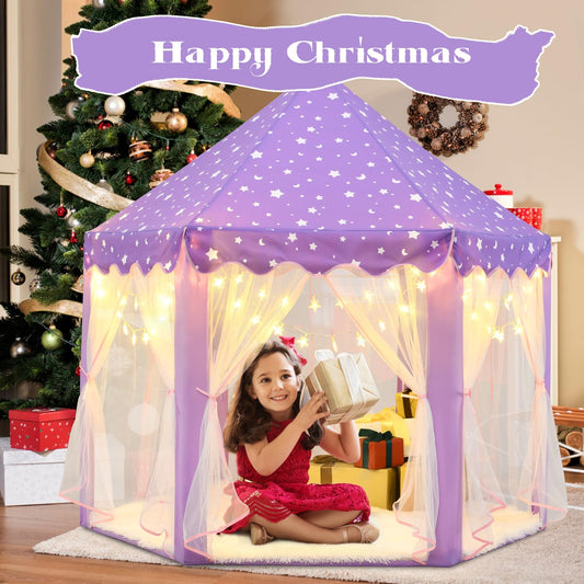 KIXINWA Purple Princess Tent with LED star lights for evening storytelling