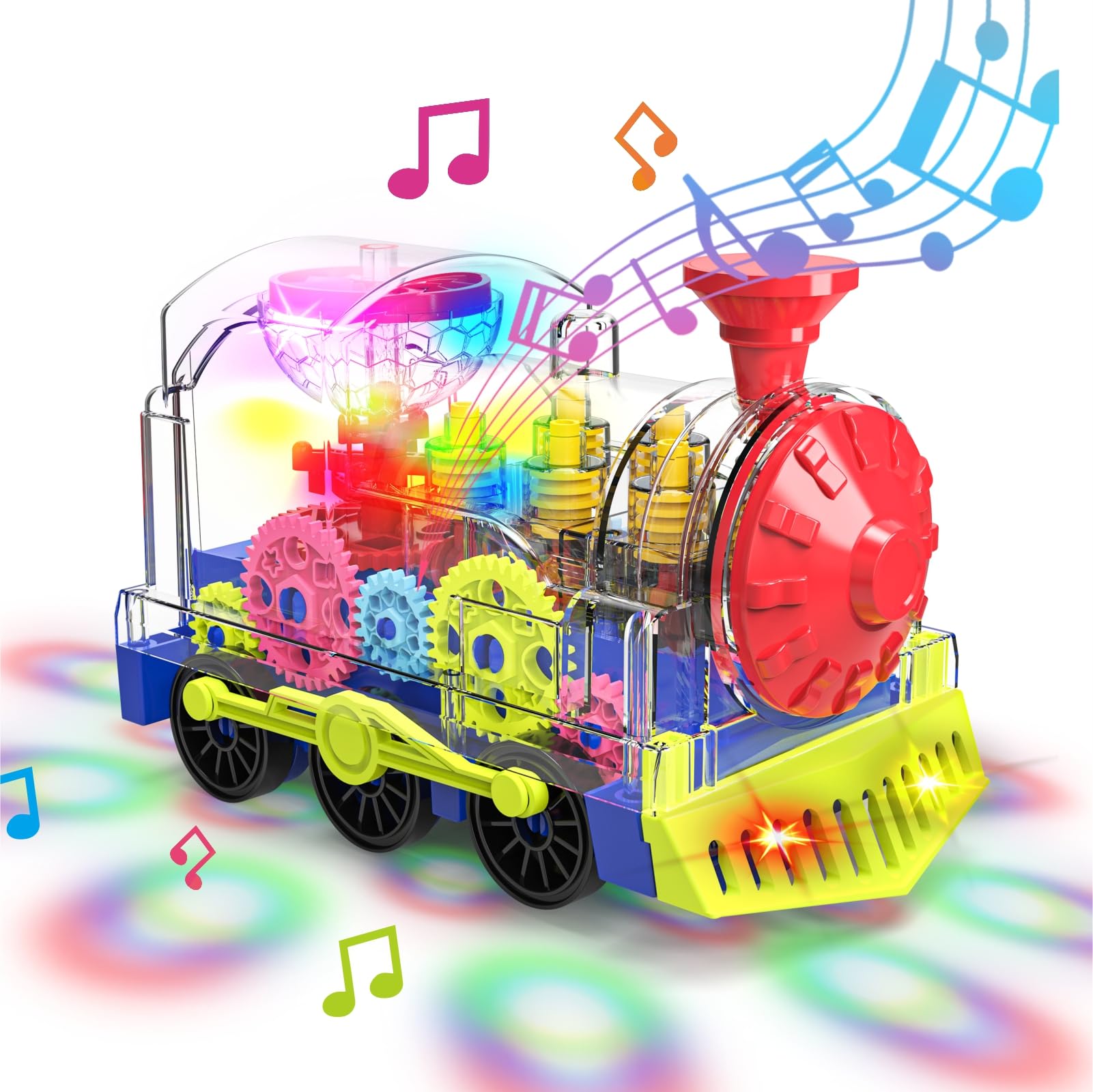 Kizeefun light up train toy with transparent gear showcasing movement for toddlers.