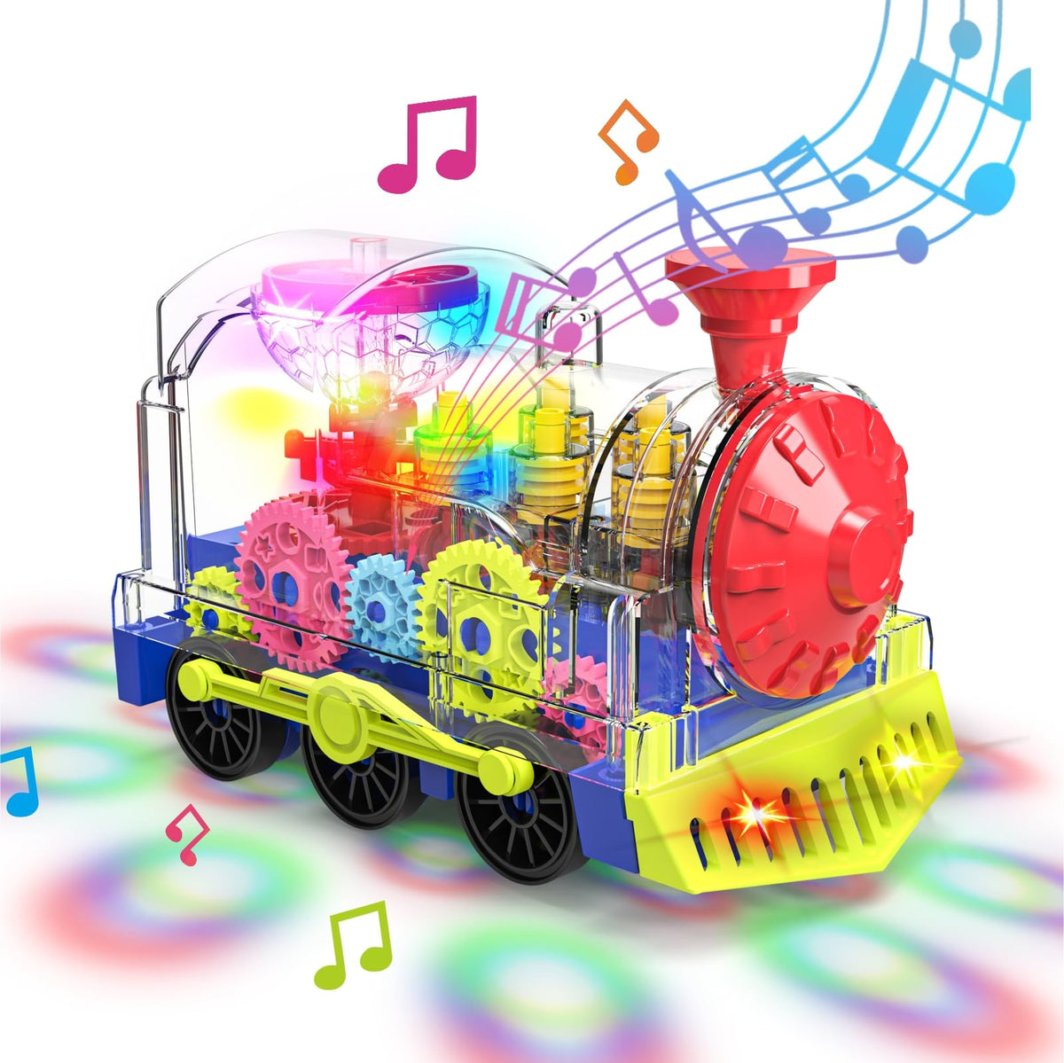 Kizeefun light up train toy with transparent gear showcasing movement for toddlers.