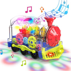 Kizeefun light up train toy with transparent gear showcasing movement for toddlers.