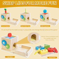 Kizfarm wooden coin bank component demonstrating pretend money skills and counting.