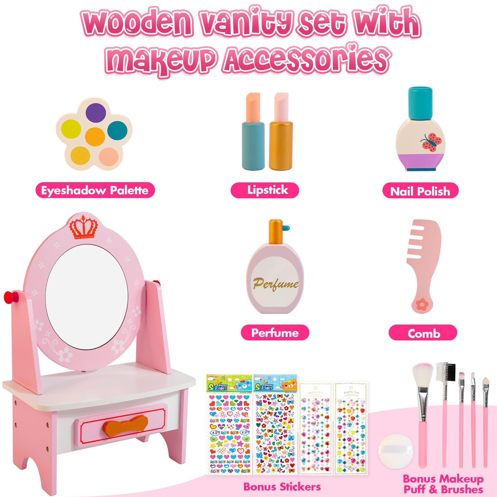 Kizfarm vanity set includes a storage drawer to organize accessories