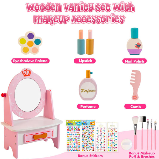 Kizfarm vanity set includes a storage drawer to organize accessories