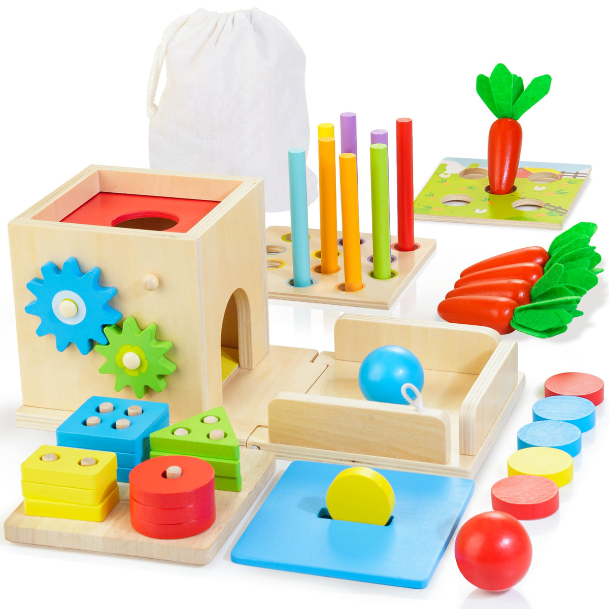 Kizfarm wooden Montessori 8-in-1 cube with shape sorter for early motor and color recognition.