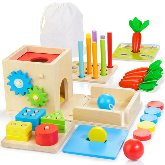 Kizfarm wooden Montessori 8-in-1 cube with shape sorter for early motor and color recognition.
