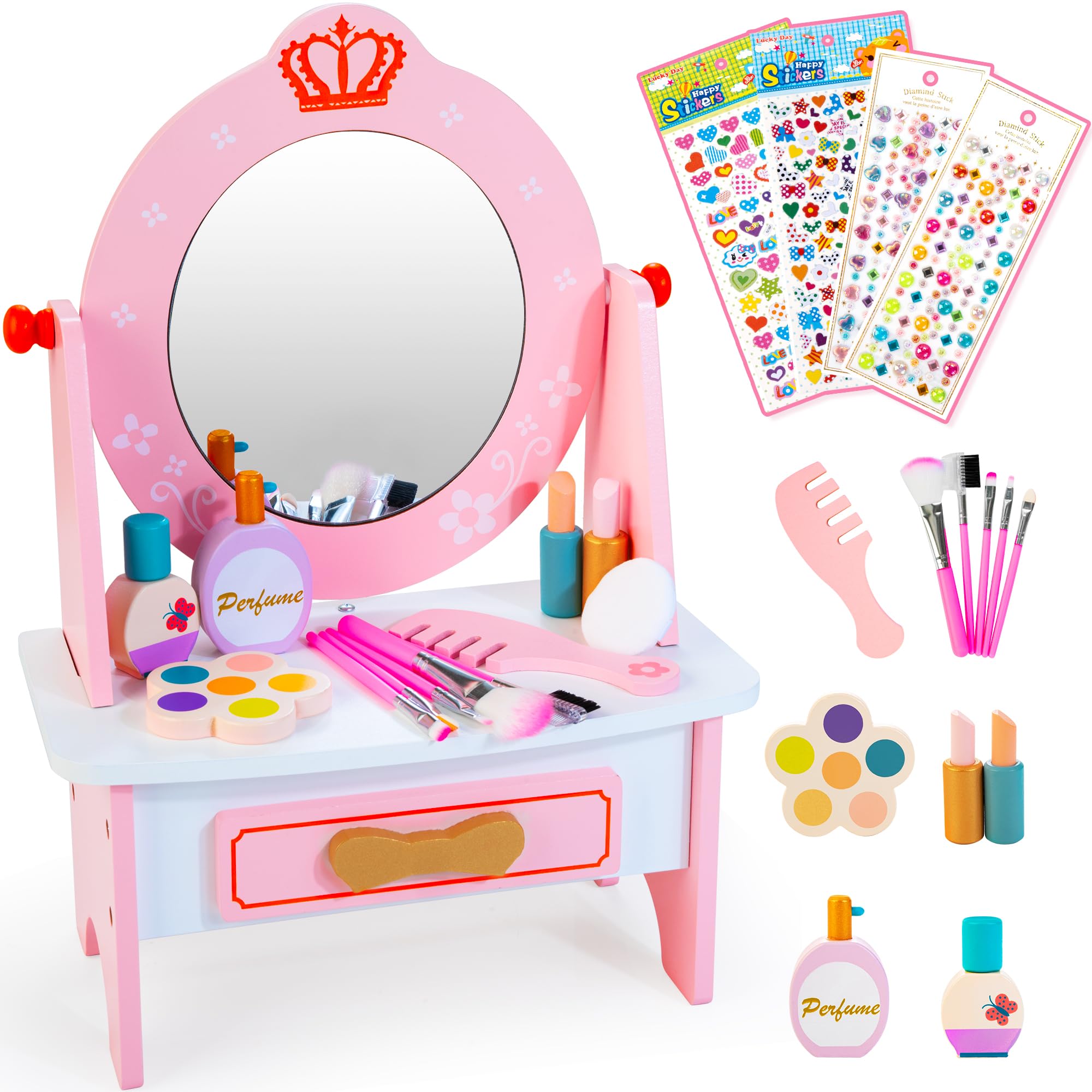Kizfarm wooden vanity set with a 360° mirror for imaginative play