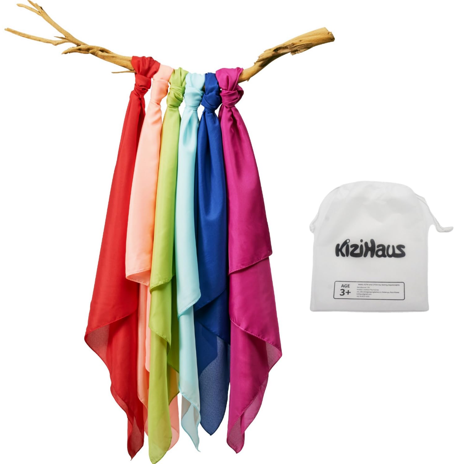 kizihaus Play Scarves Set of 6 in storage bag, ideal for imaginative pretend play.