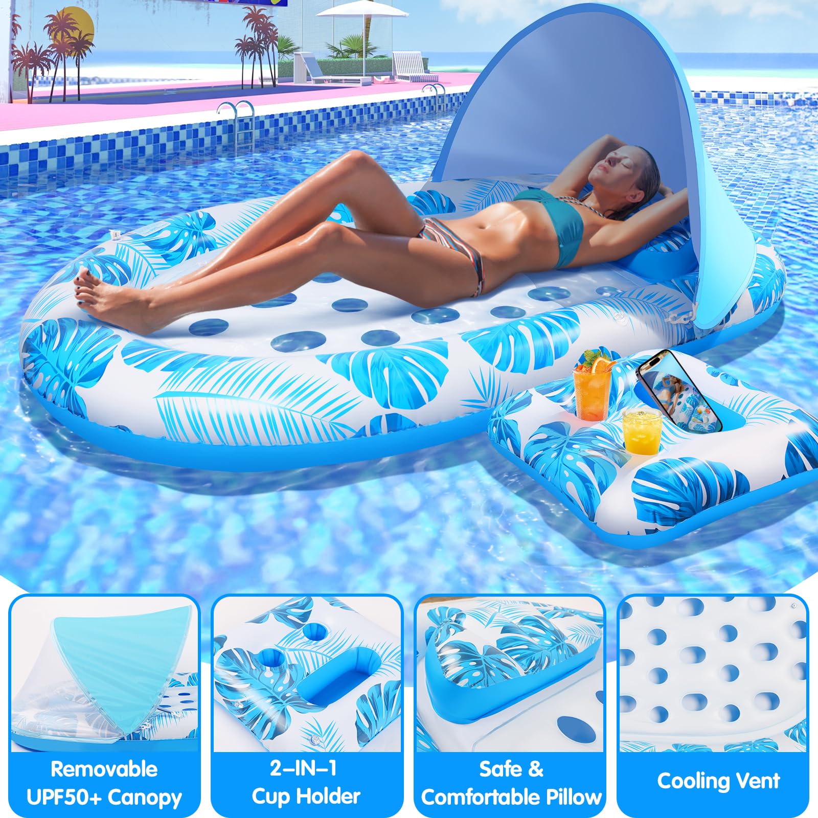 KIZJORYA 3-in-1 pool float combines lounge, canopy, and cup holder.