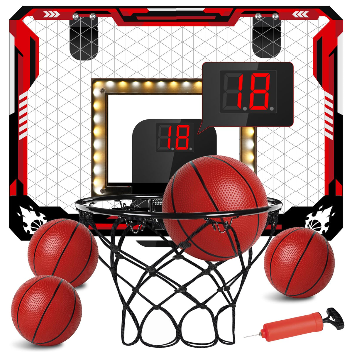 KIZJORYA indoor hoop with LED scoreboard for night time play.