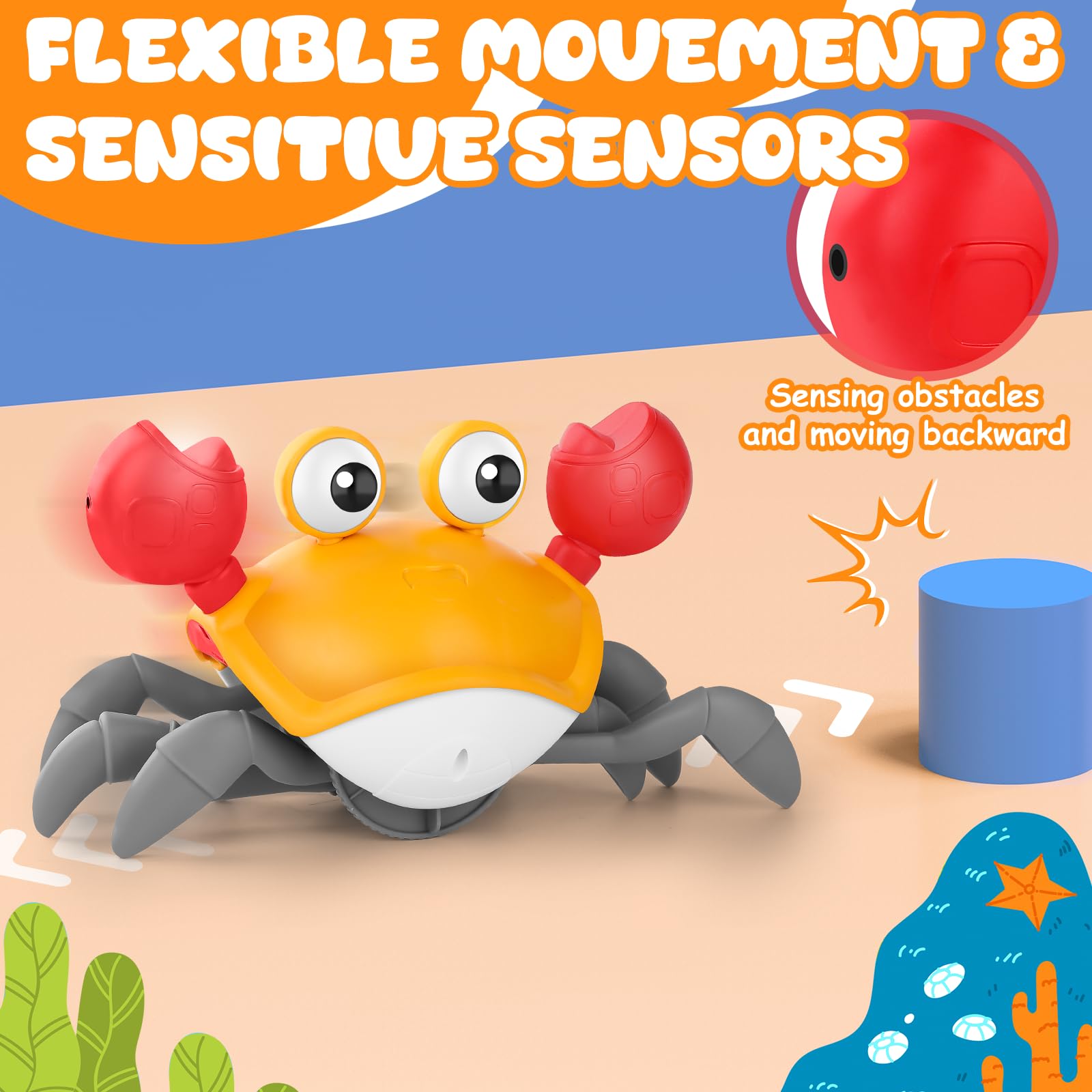 KIZJORYA Crawling Crab Toy orange obstacle-sensor in action for safe exploration