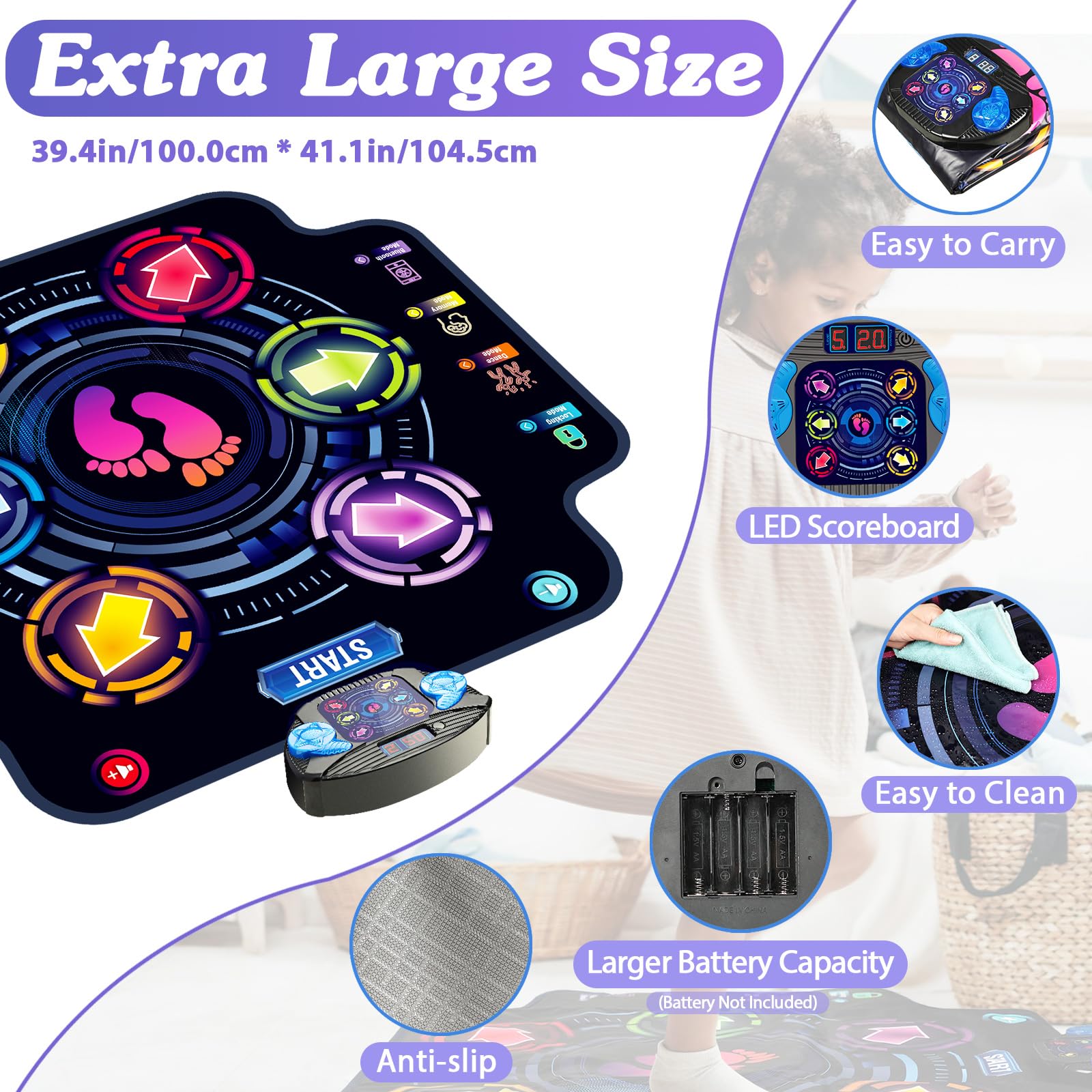 KIZJORYA Dance Mat waterproof surface makes cleanup quick after spills and messes.