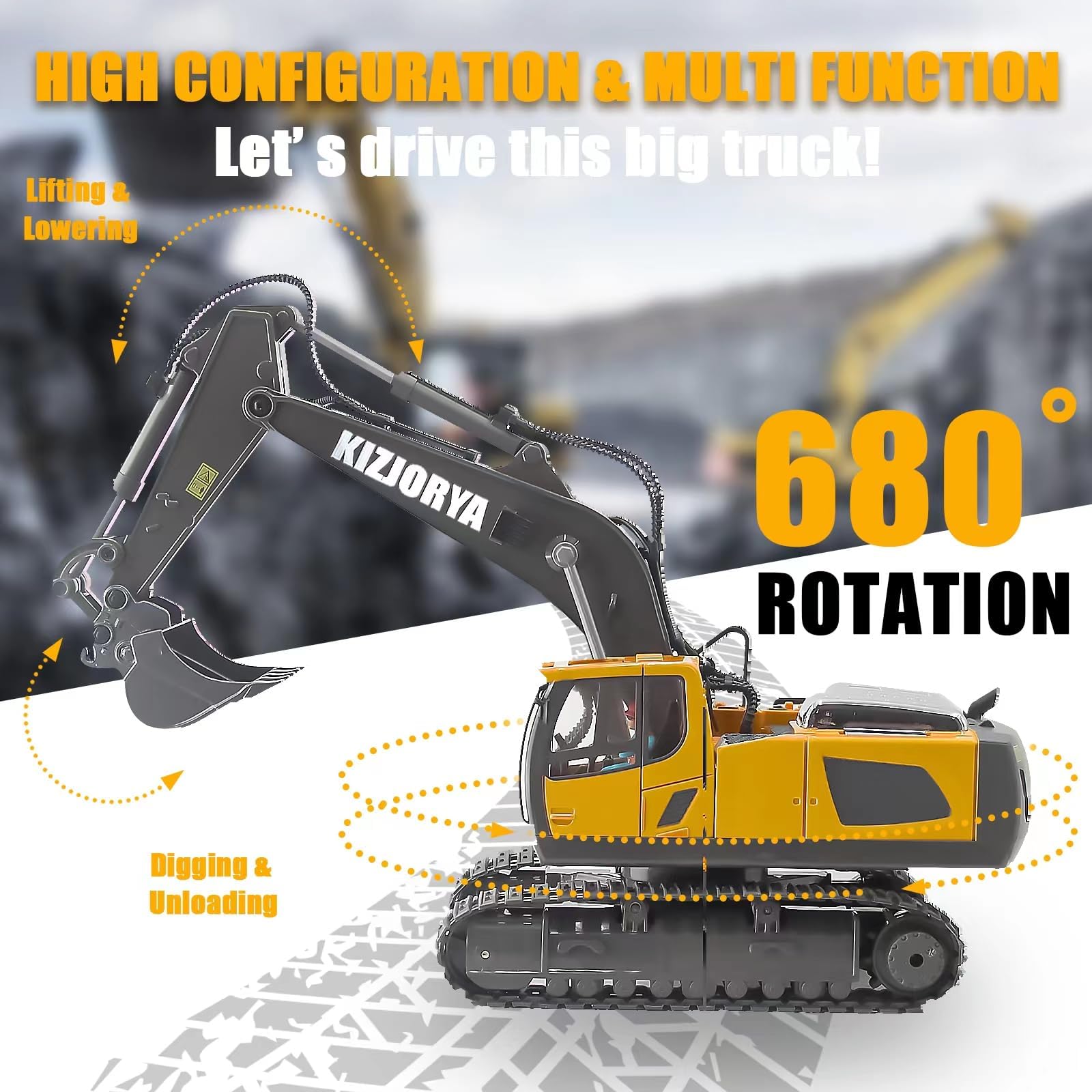 Kizjorya RC excavator shows track wheels for stable movement.