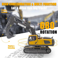 Kizjorya RC excavator shows track wheels for stable movement.