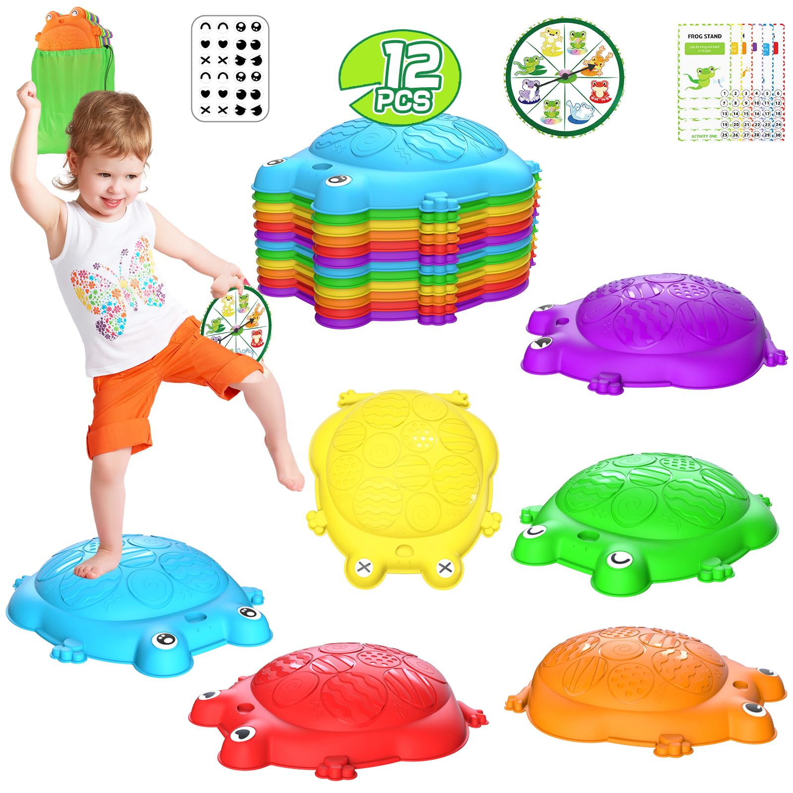 KIZJORYA frog stepping stones laid out as a colorful balance course for toddlers.