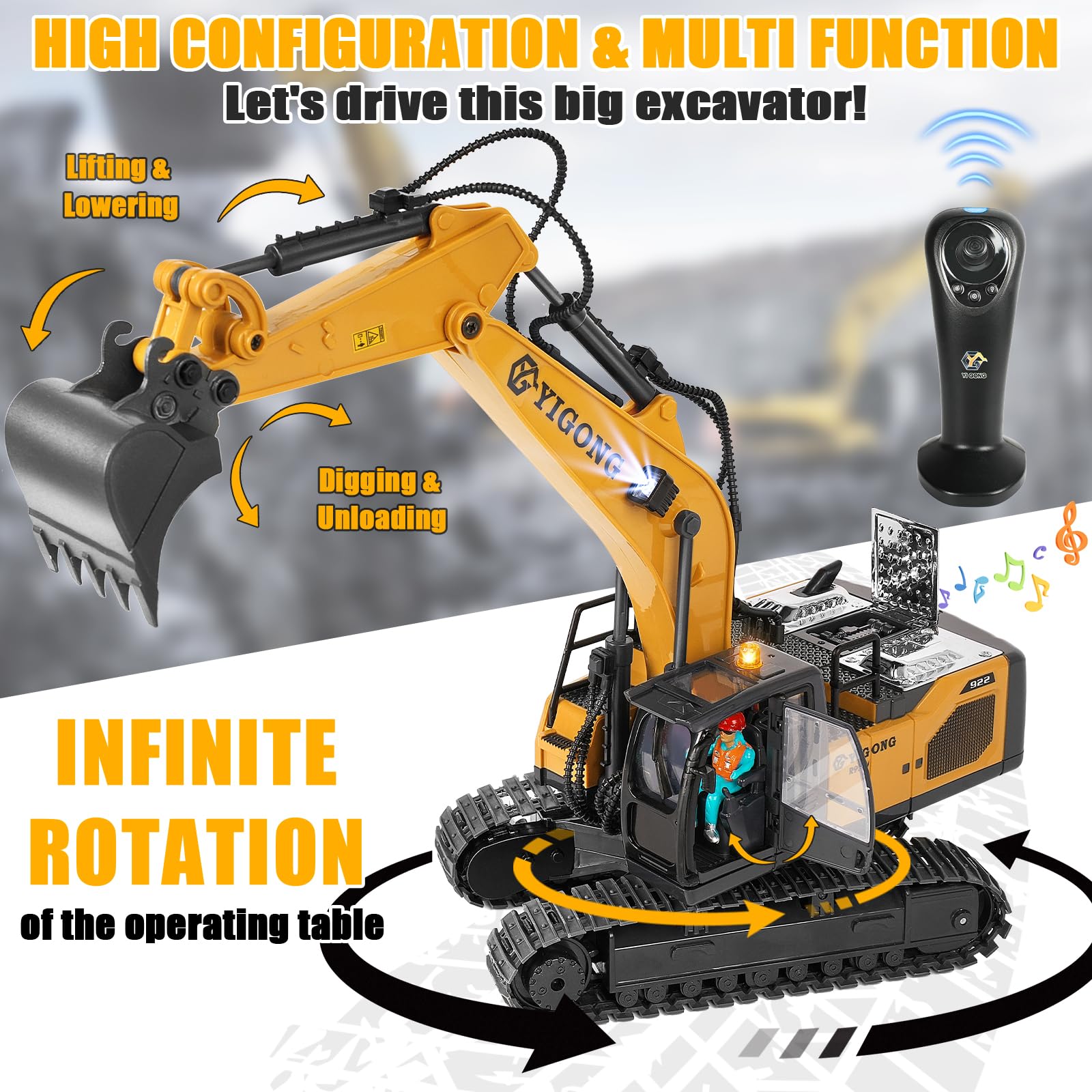 KIZJORYA RC excavator remote uses 11-channel control.