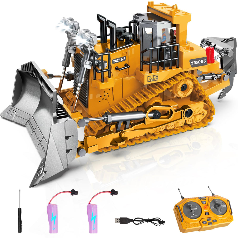 KIZJORYA remote bulldozer front view shows durable metal build for safe play