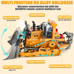 KIZJORYA RC bulldozer side profile highlights precise steering for kids