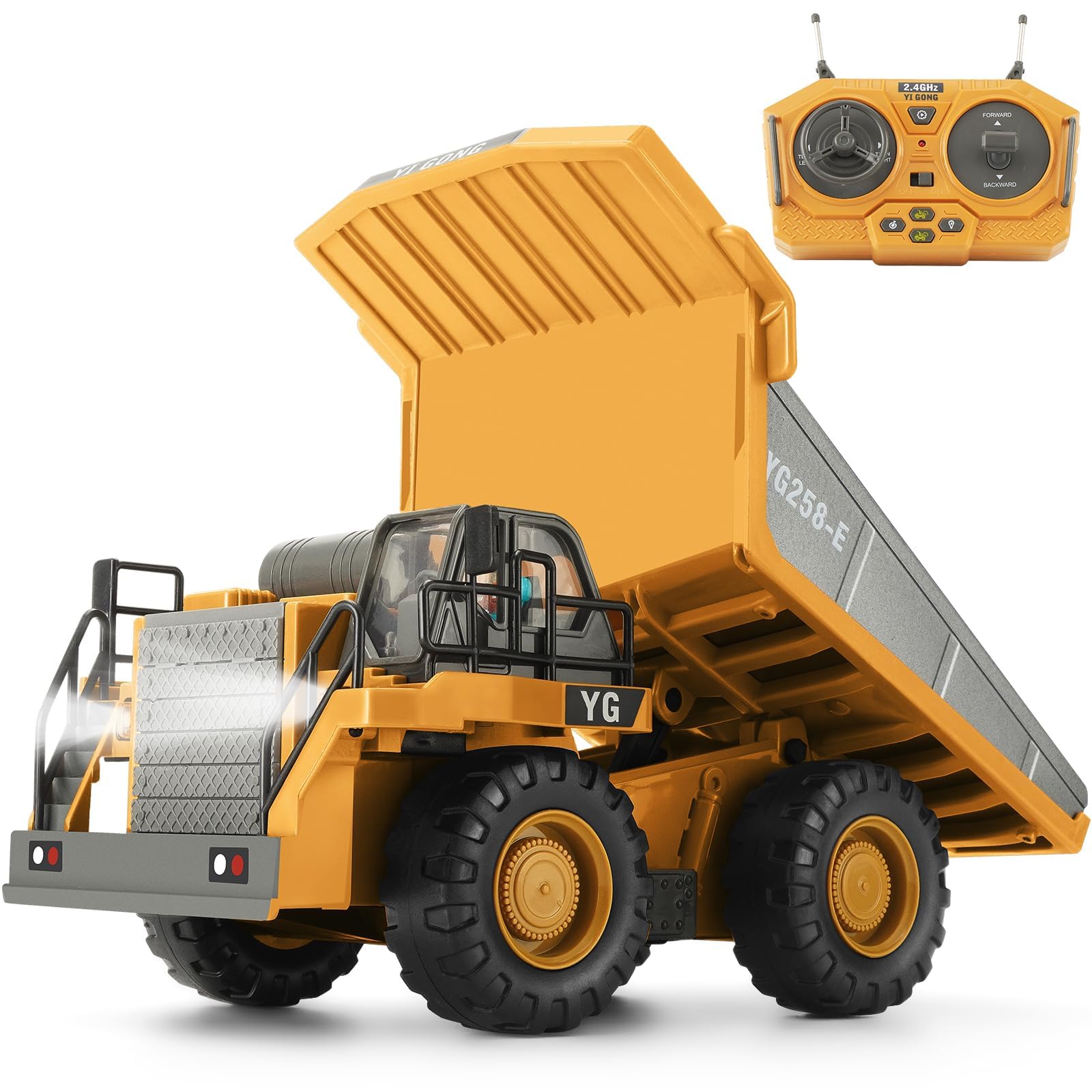 KIZJORYA RC dump truck with a realistic control deck for precise operation.