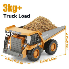KIZJORYA RC dump truck size suitable for small hands and easy maneuvering.