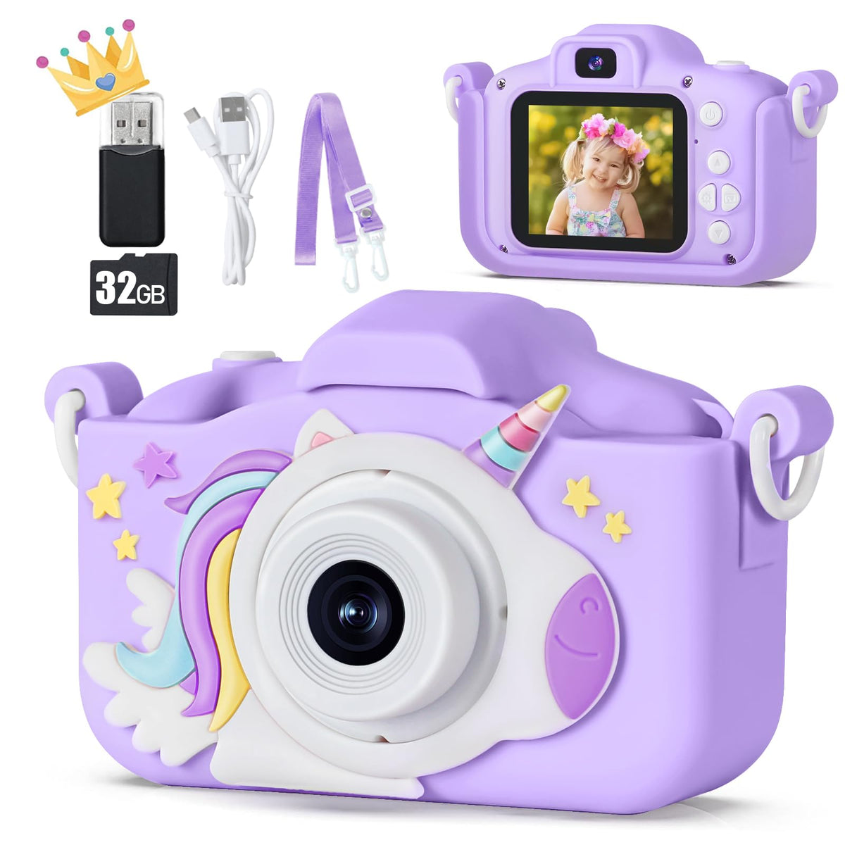 KIZJORYA 48MP kids camera front view with purple silicone cover for safe play.