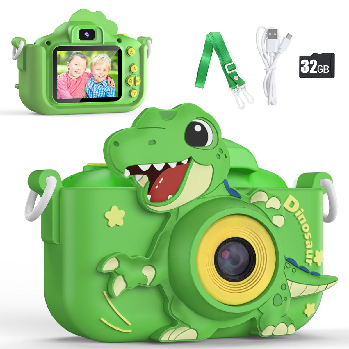 KIZJORYA upgraded 48MP kids camera front view showing compact, kid-friendly design.