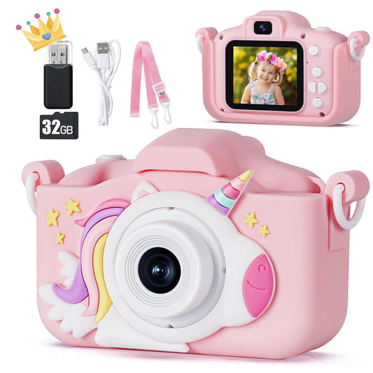 KIZJORYA X5 kids camera pink front view highlights easy grip and color.